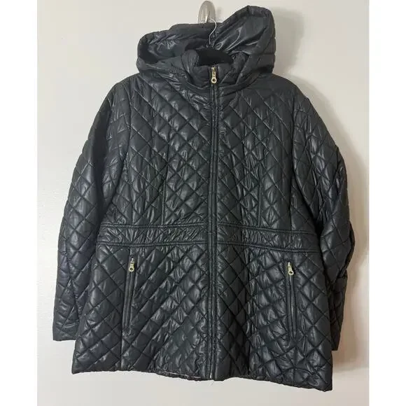 KATE SPADE COAT XL BLACK QUILTED HOODED PUFFER ANORAK JACKET ZIPPER MINIMALIST - Picture 3 of 11